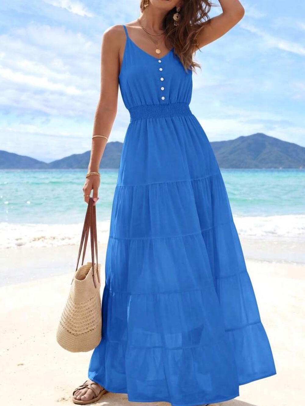 Sleeveless blue Maxi Dress with Smocked Waist